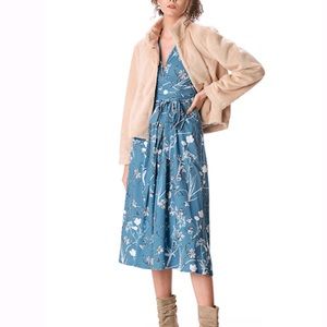 Tie waist empire blue floral cotton knit dress